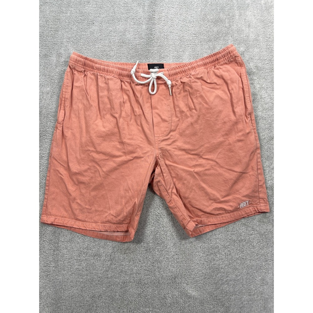 Obey Shorts Men Large Coral Easy Short Casual Cotton Twill Elastic Waist Logo
